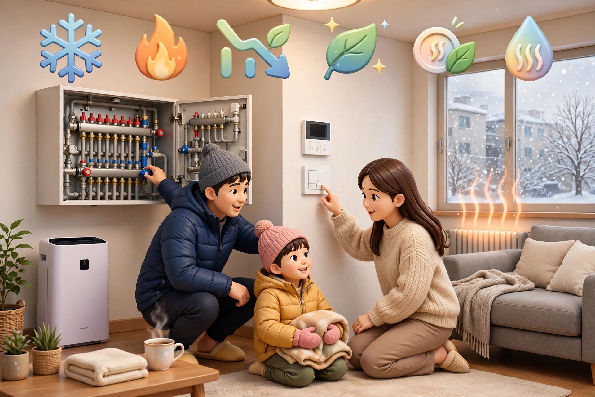 보일러 온도조절기와 난방 분배기를 점검하는 모습 - 난방비 절약 점검 일러스트