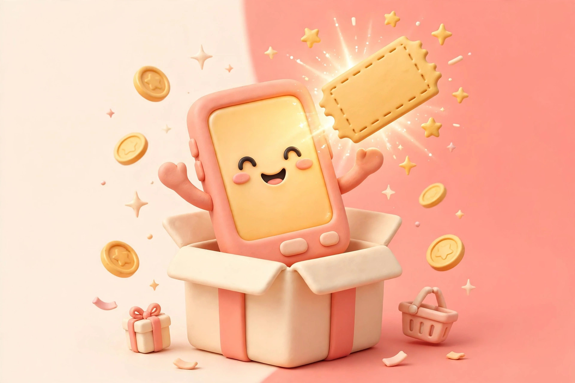 스마트폰에서 쿠폰이 튀어나오는 보상 알림을 표현한 밝은 3D 일러스트