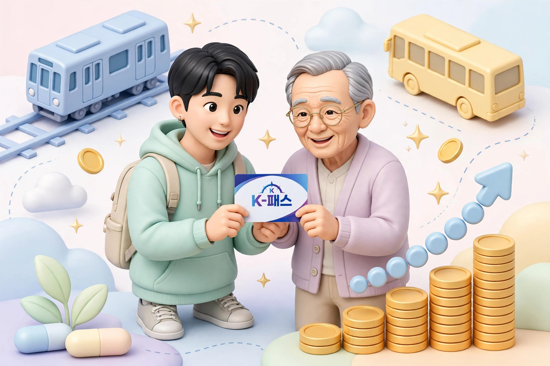 K-패스 교통카드와 지하철·버스, 환급 혜택을 나타낸 3D 인포그래픽 일러스트