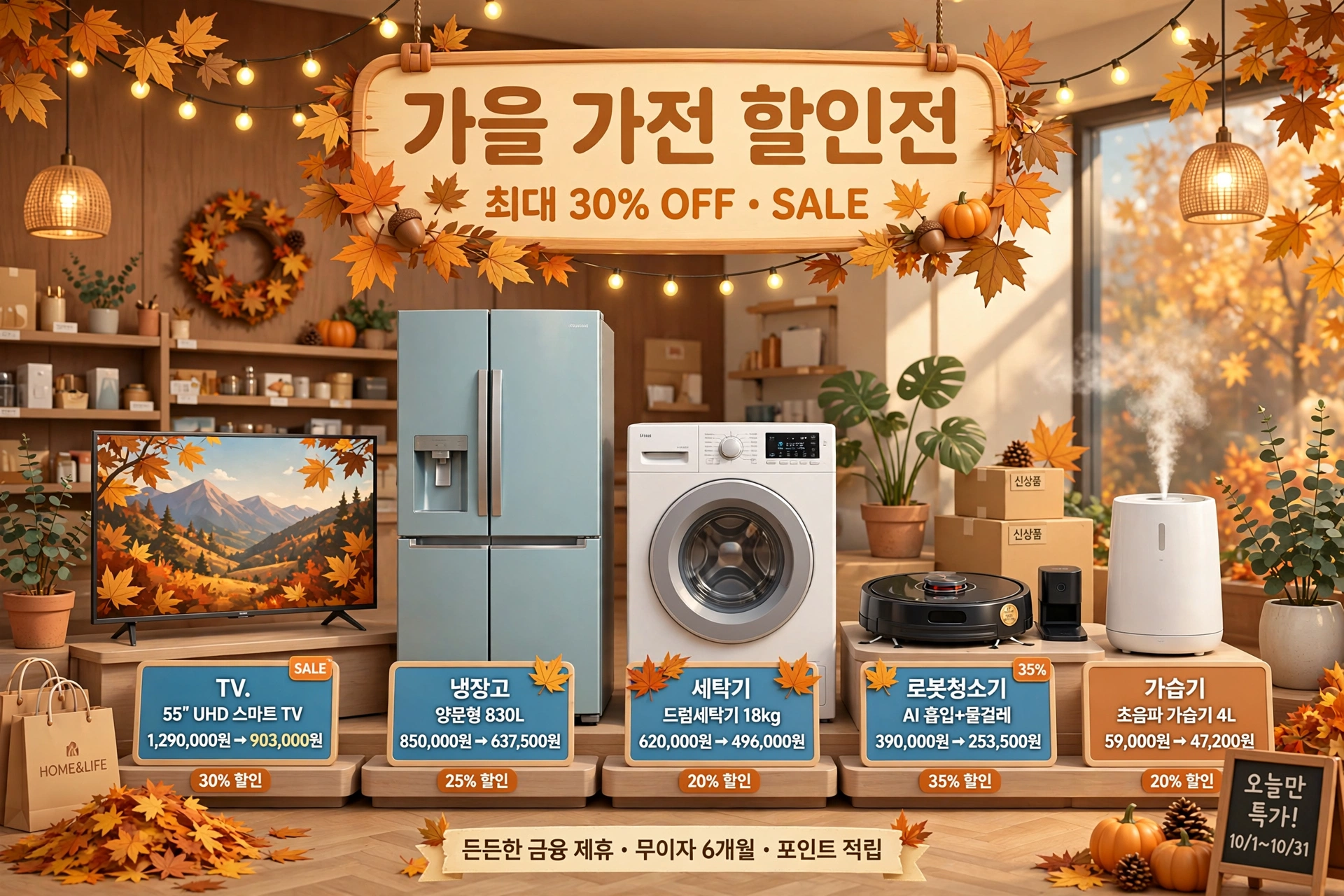 10월 가전 할인전을 알리는 따뜻한 3D 일러스트 — TV·냉장고·세탁기·로봇청소기가 진열된 가전매장