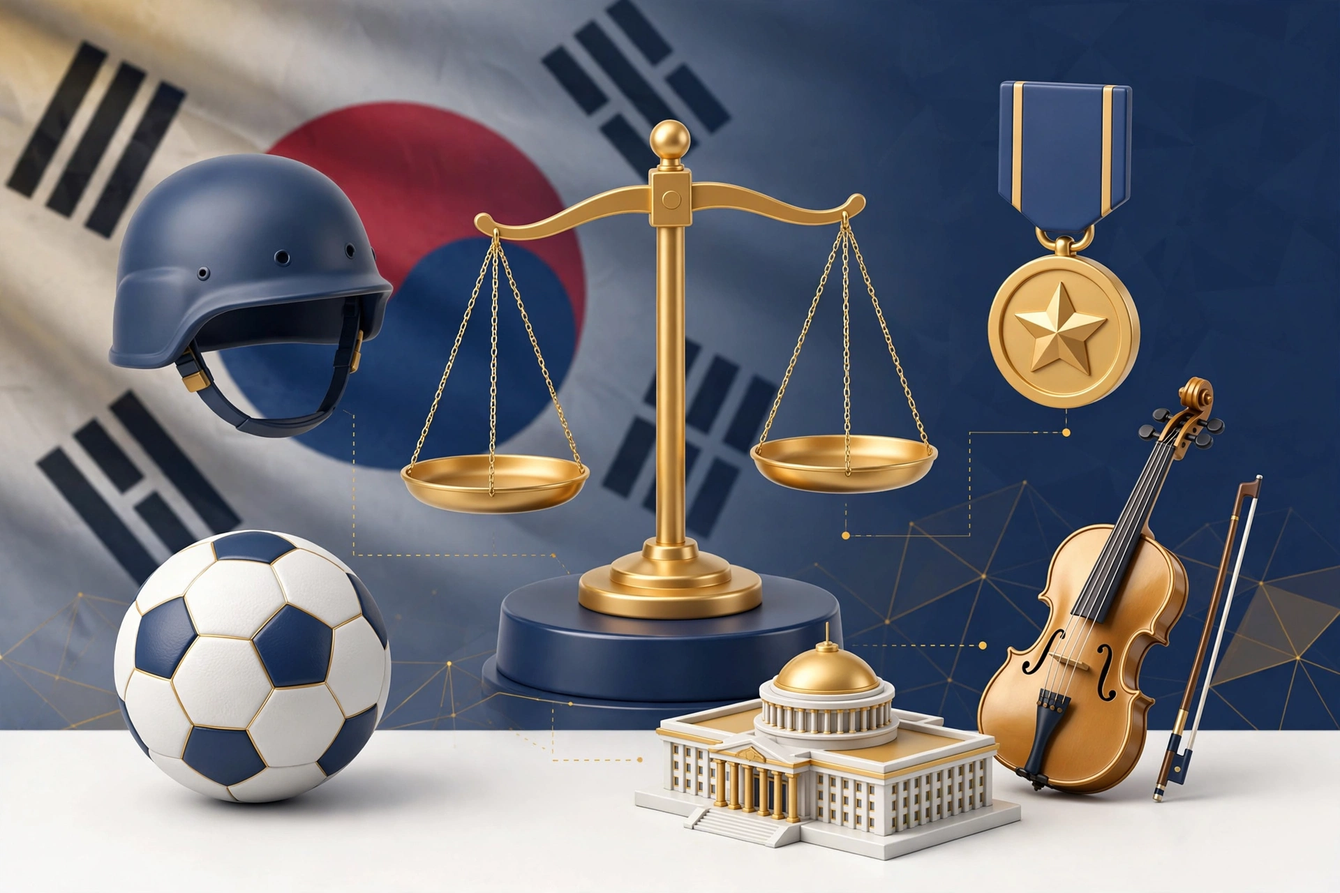 태극기 배경 위에 천칭 저울과 군 헬멧, 금메달, 축구공, 바이올린, 국회 건물이 배치된 병역특례 제도 정리 3D 인포그래픽 이미지